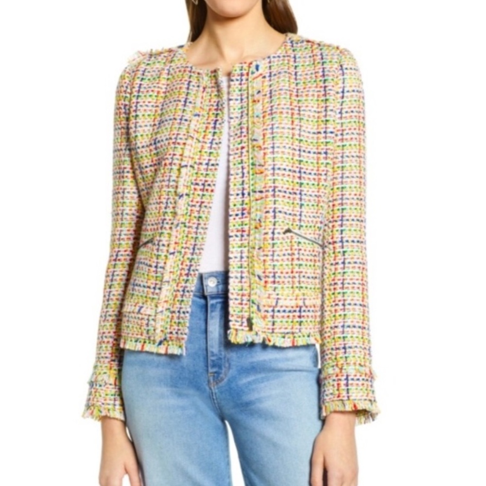 HALOGEN | Rainbow Multi-Color Fringe Tweed Blazer Size Small